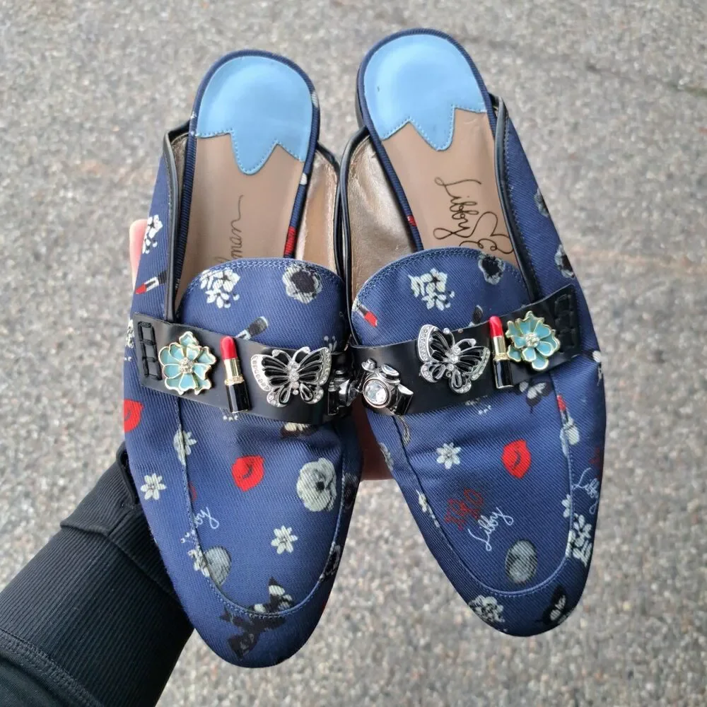 Libby Edelman Size 9.5 Denim Blue Mules Slip On Butterfly Lipstick Floral Shoes